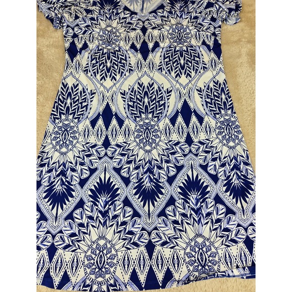 MSK Womens Blue White Geometric Medallion Cold Shoulder Shift Dress Large L - Picture 8 of 11